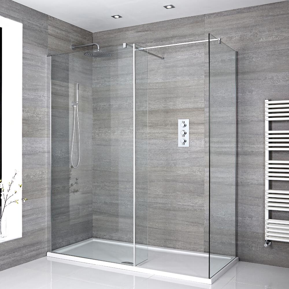 Kit Doccia Walk-In 1400x800mm con 2 Pannelli di Vetro, Parete Doccia e Piatto Doccia Standard – Portland