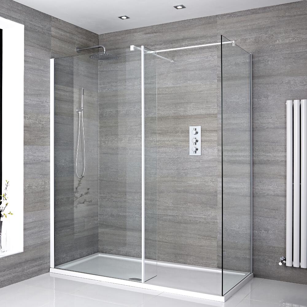 Kit Doccia Walk-In 1700x800mm con 2 Pannelli di Vetro, Parete Doccia e Piatto Doccia Standard – Lux