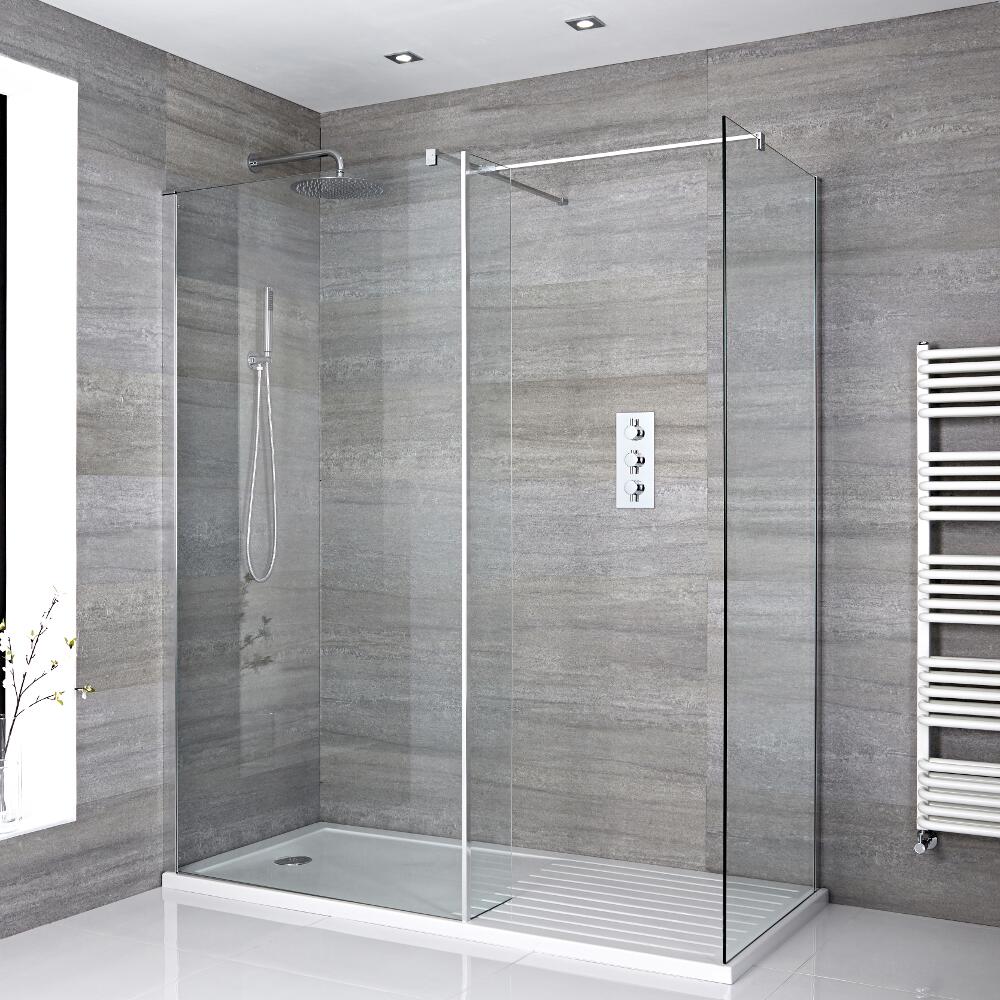 Kit Doccia Walk-In 1700x800mm con 2 Pannelli di Vetro, Parete Doccia e Piatto Doccia Bianco – Portland