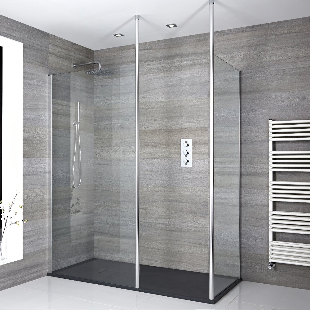 Kit Doccia Walk-In 1400x900mm con 2 Pali da Pavimento a Soffitto con Piatto Doccia in Antracite – Sera