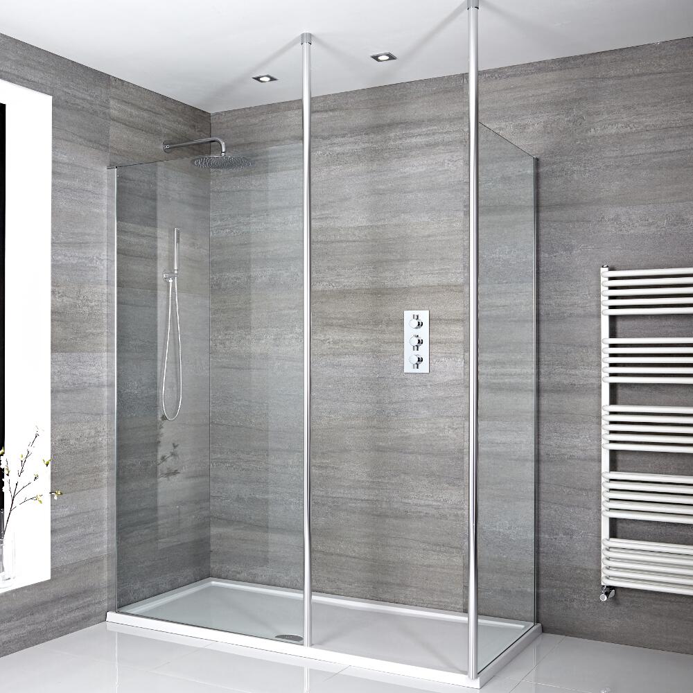 Kit Doccia Walk-In 1600x800mm con 2 Pali da Pavimento a Soffitto e Piatto Doccia Standard in Bianco – Sera