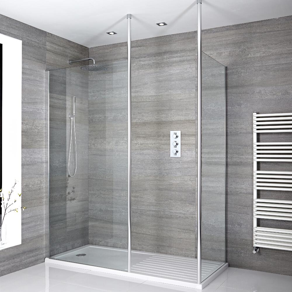 Kit Doccia Walk-In 1700x800mm con 2 Pali da Pavimento a Soffitto e Piatto Doccia Bianco – Sera