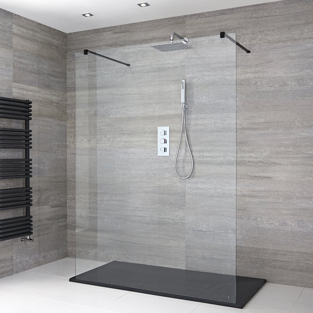 Kit Doccia Walk-In 1200x800mm con Pannello di Vetro “Flottante”, Bracci in Nero e Piatto Doccia in Antracite – Nox