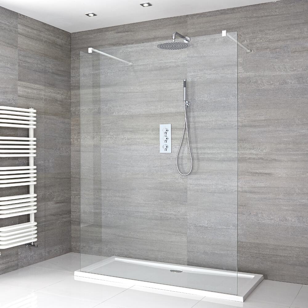 Kit Doccia Walk-In 1200x800mm con Pannello di Vetro “Flottante” e Bracci in Bianco – Lux