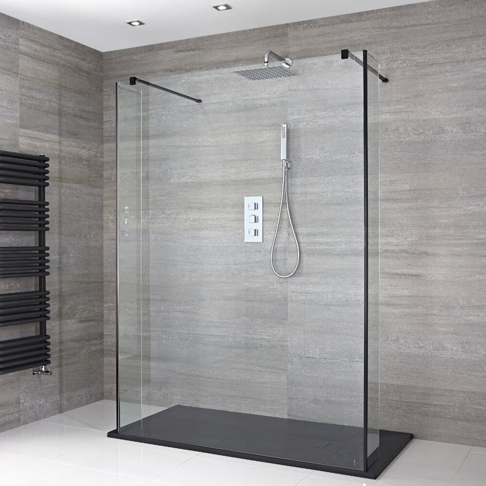 Kit Doccia Walk-In 1200x900mm con Pannello di Vetro “Flottante”, 2 Pareti Doccia e Piatto Doccia in Antracite – Nox