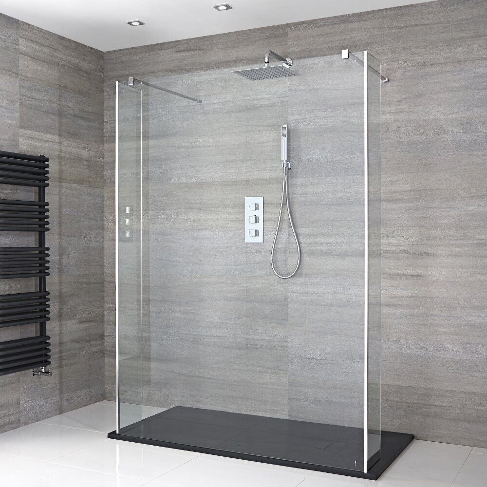 Kit Doccia Walk-In 1200x800mm con Pannello di Vetro “Flottante”, 2 Pareti Doccia e Piatto Doccia in Antracite – Portland