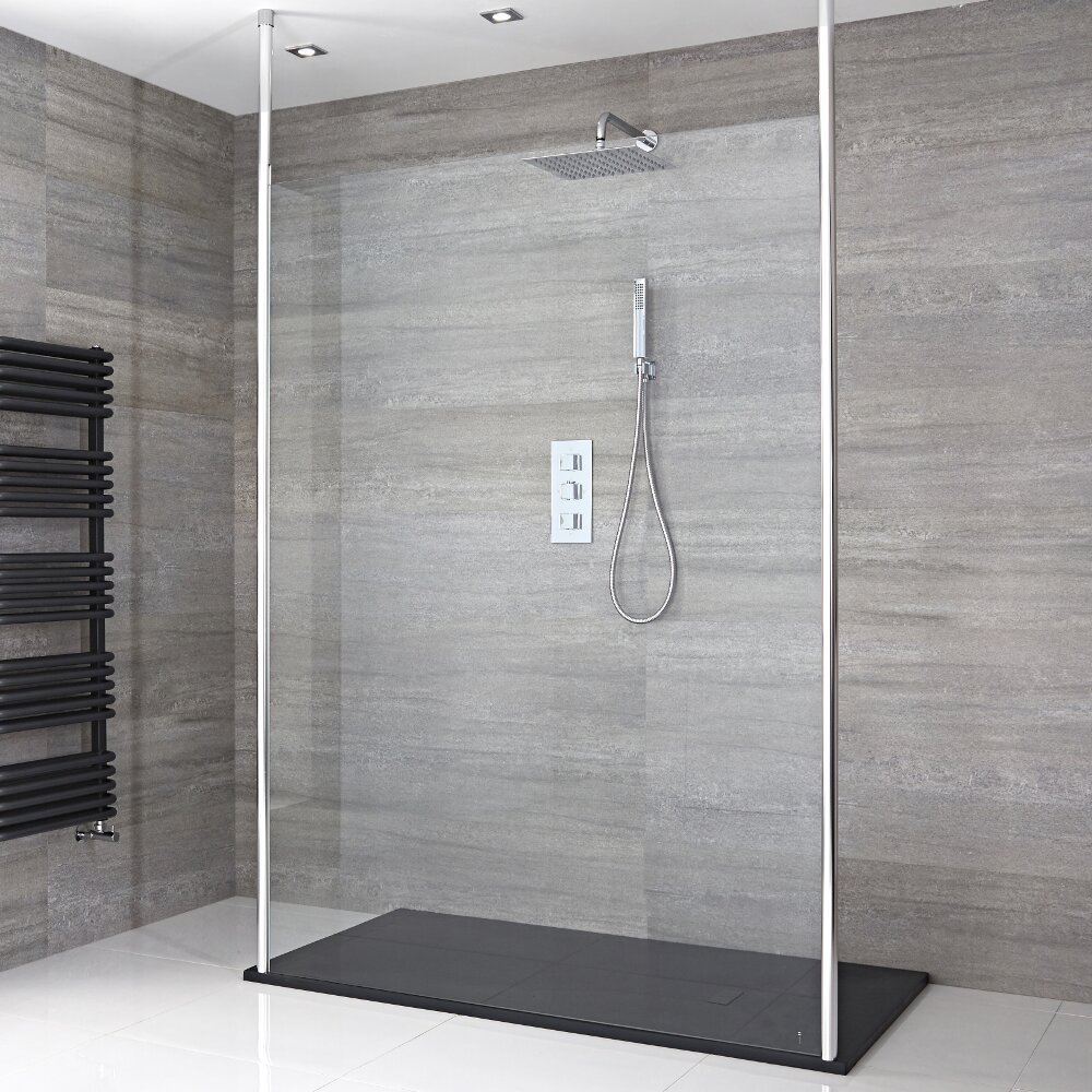 Kit Doccia Walk-In 1400x900mm con 2 Pali da Pavimento a Soffitto, Pannello di Vetro “Flottante” e Piatto Doccia – Sera