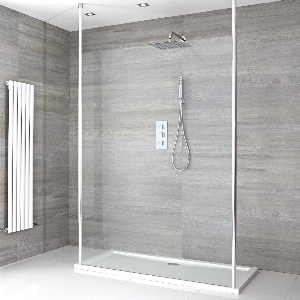 Kit Doccia Walk-In 1400x800mm con 2 Pali da Pavimento a Soffitto e Pannello di Vetro “Flottante” – Sera