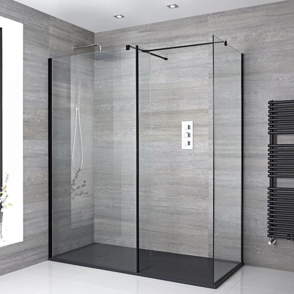 Kit Doccia Walk-In Angolare Nox Completo di Piatto Doccia Effetto Pietra, 2 Pannelli di Vetro, Profilo Nero - Disponibile in Diverse Misure