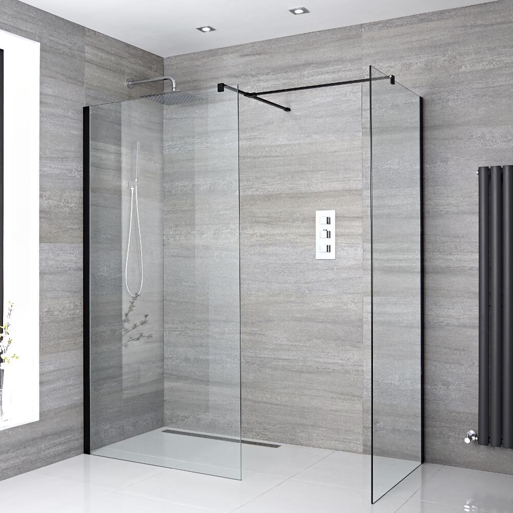 Kit Doccia A Filo Pavimento 1400 x 800 mm con 2 Pannelli di Vetro e Profilo in Nero