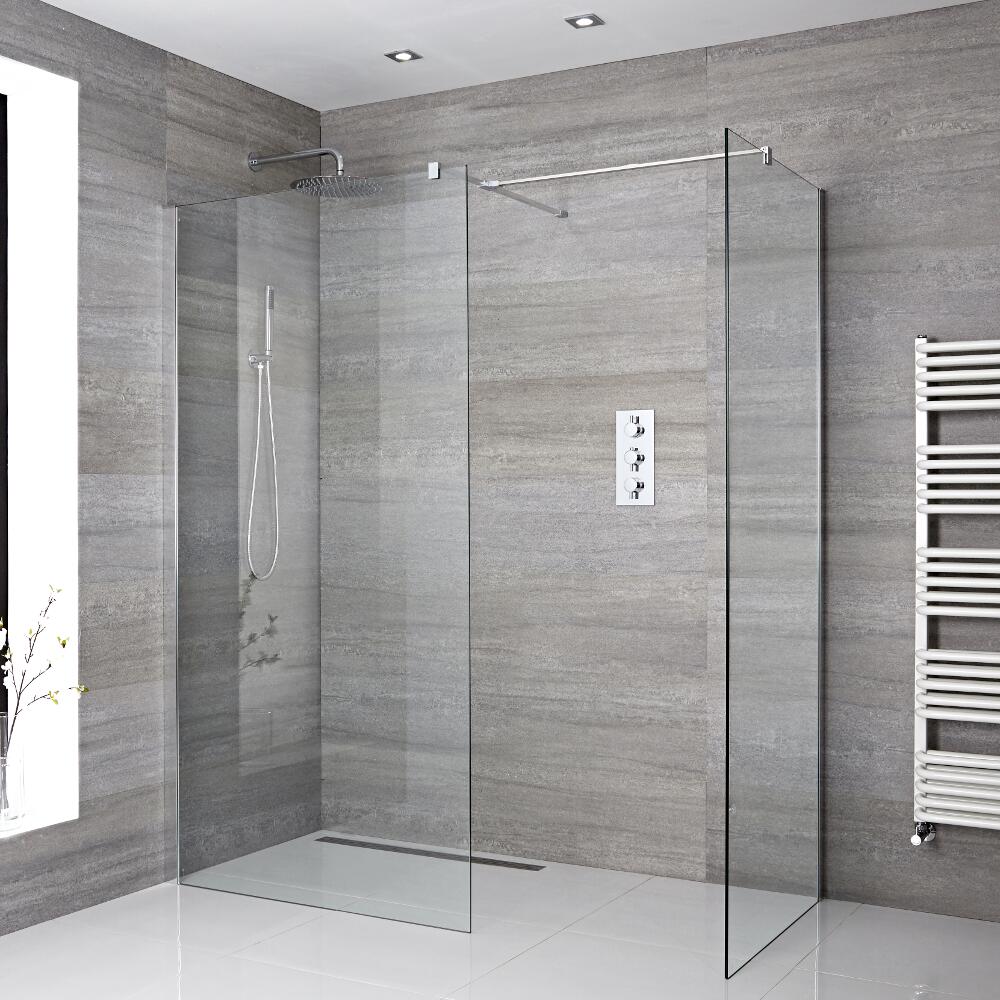 Kit Doccia A Filo Pavimento 1600 x 900 mm con 2 Pannelli di Vetro e Profilo in Cromo
