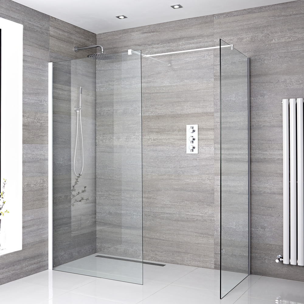 Kit Doccia A Filo Pavimento 1600 x 900 mm con 2 Pannelli di Vetro e Profilo in Bianco