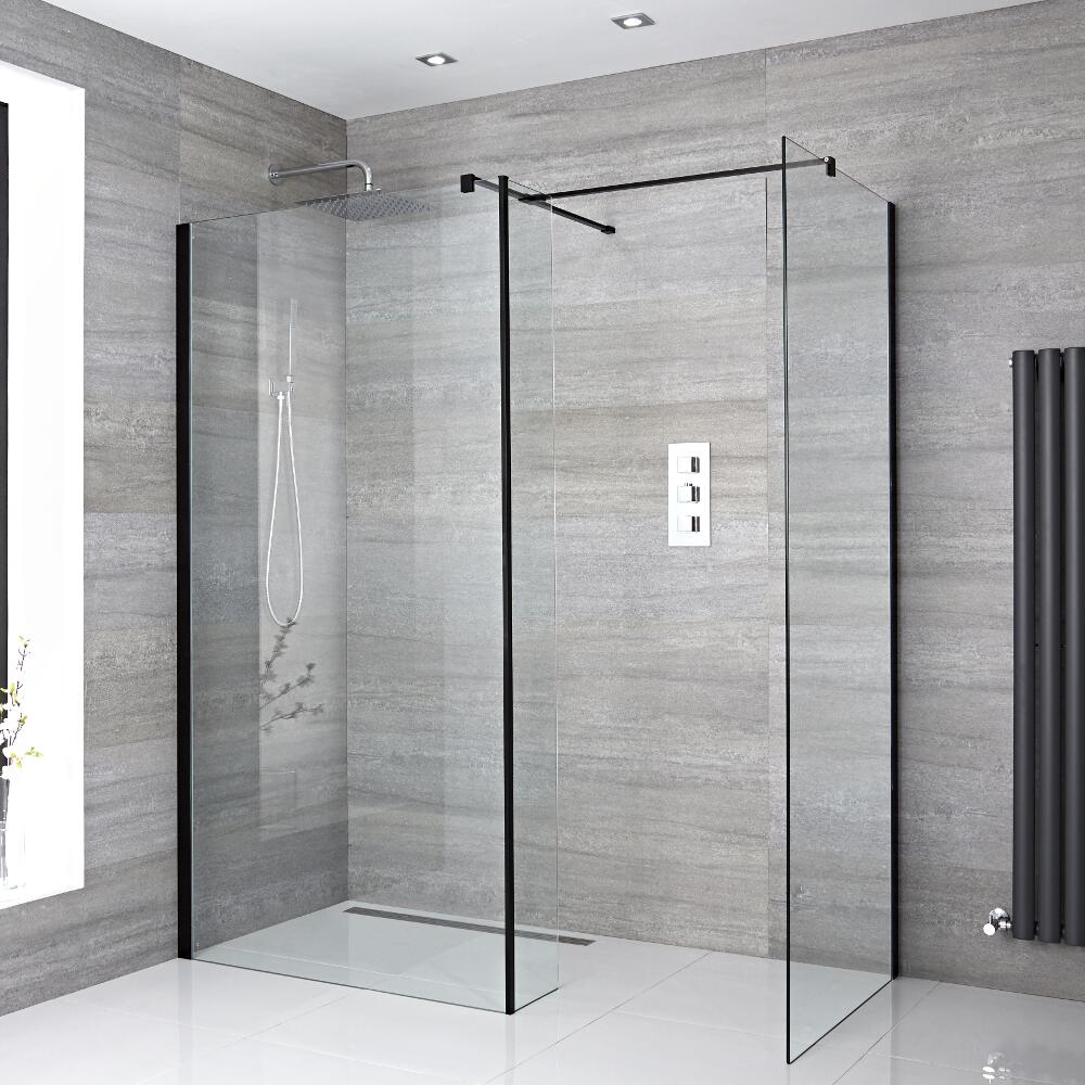 Kit Doccia A Filo Pavimento 1300x800mm con 2 Pannelli di Vetro, Parete Doccia e Canaletta – Nox