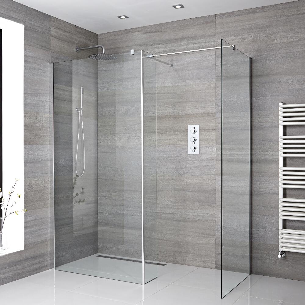 Kit Doccia A Filo Pavimento 1400x800mm con 2 Pannelli di Vetro, Parete Doccia e Canaletta – Portland