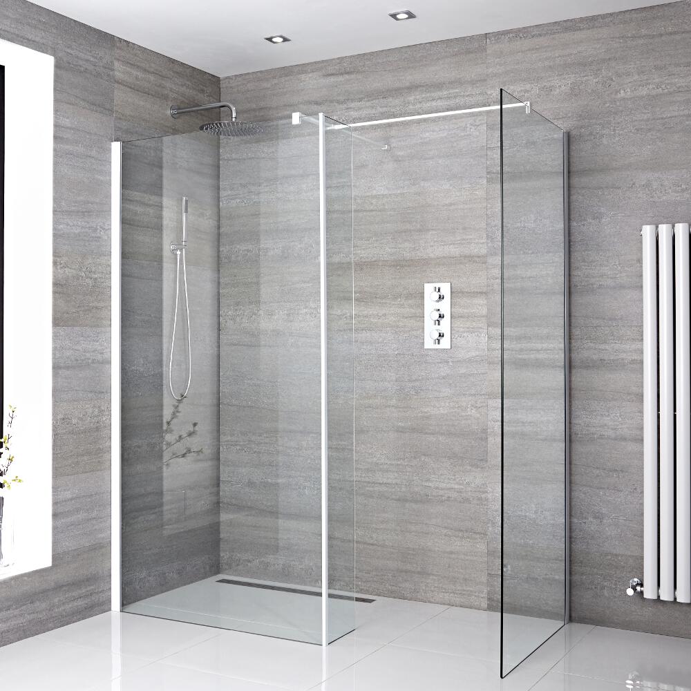 Kit Doccia A Filo Pavimento 1600x800mm con 2 Pannelli di Vetro, Parete Doccia e Canaletta – Lux