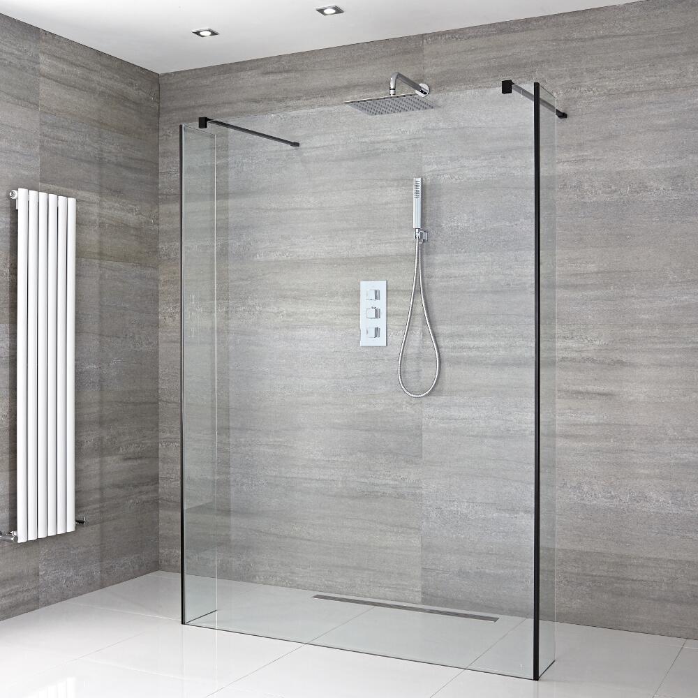 Kit Doccia A Filo Pavimento 1400mm con Pannello di Vetro, 2 Pareti Doccia e Canaletta – Nox